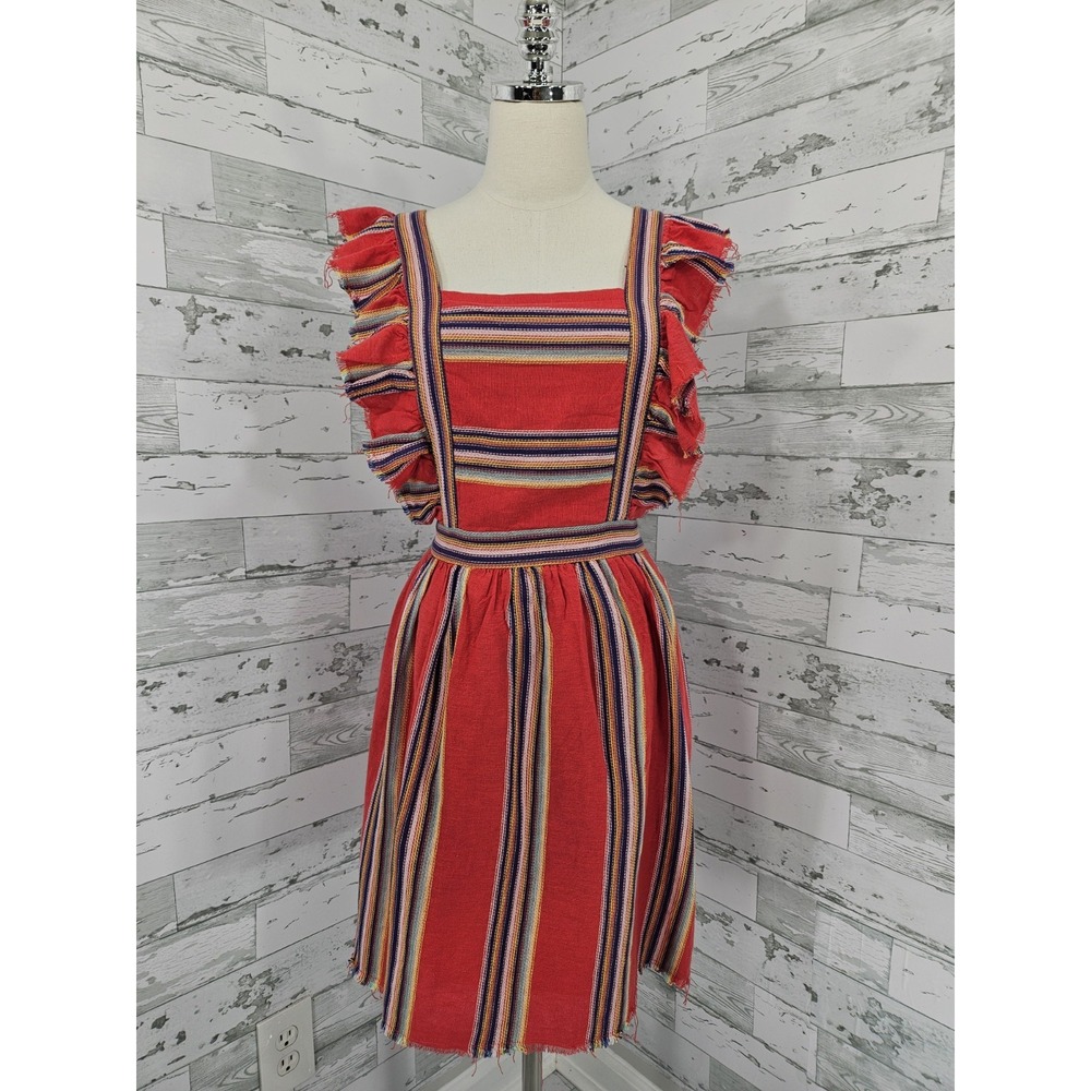 DRA Los Angeles Women M Pinafore Red Striped Dress Ruffled Shoulders